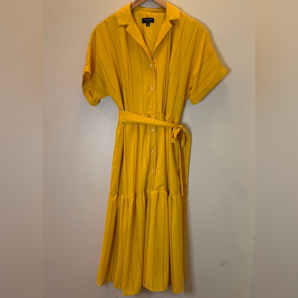 Tahari ASL Dress Women Size 10 Yellow Mustard Shirt Dress Midi Tie Waist Tiered